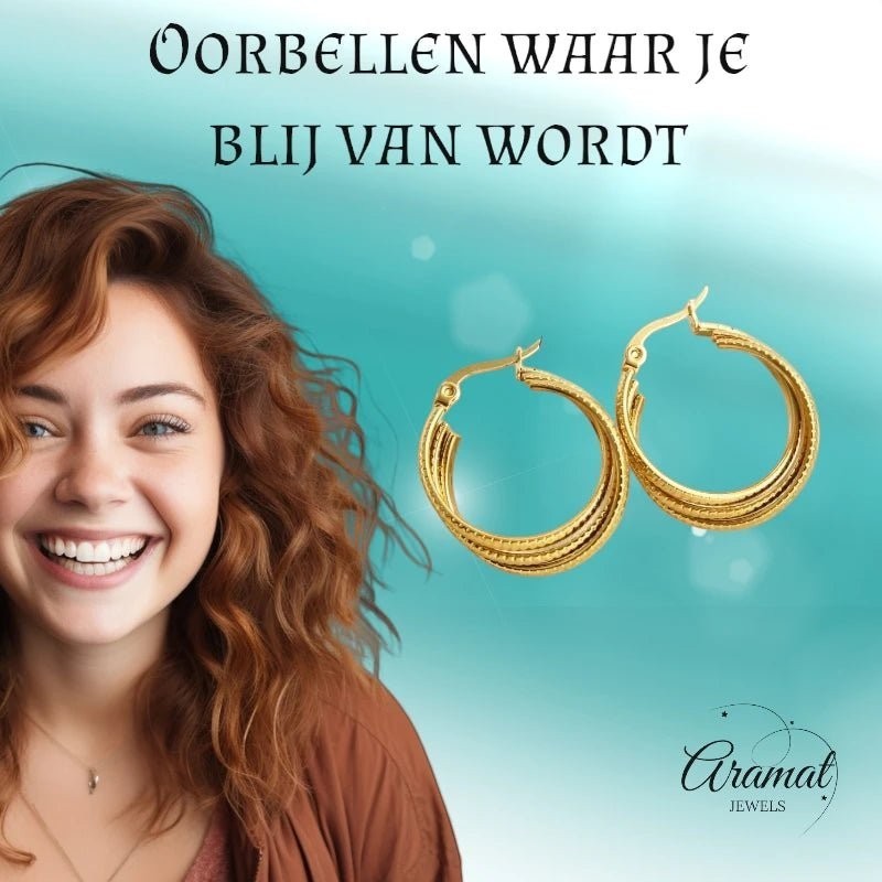 Aramat Jewels gold-tone stainless steel triple hoop earrings with striped texture, 25mm diameter.