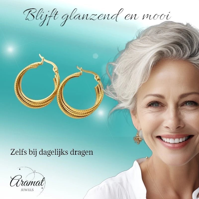 Aramat Jewels gold-tone stainless steel triple hoop earrings with striped texture, 25mm diameter.