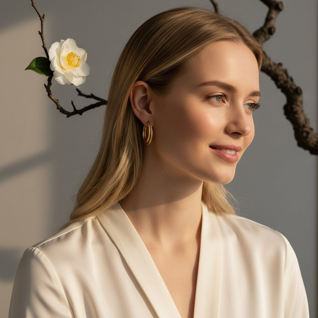 Aramat Jewels gold-tone triple hoop earrings with striped texture, worn by a blonde model.