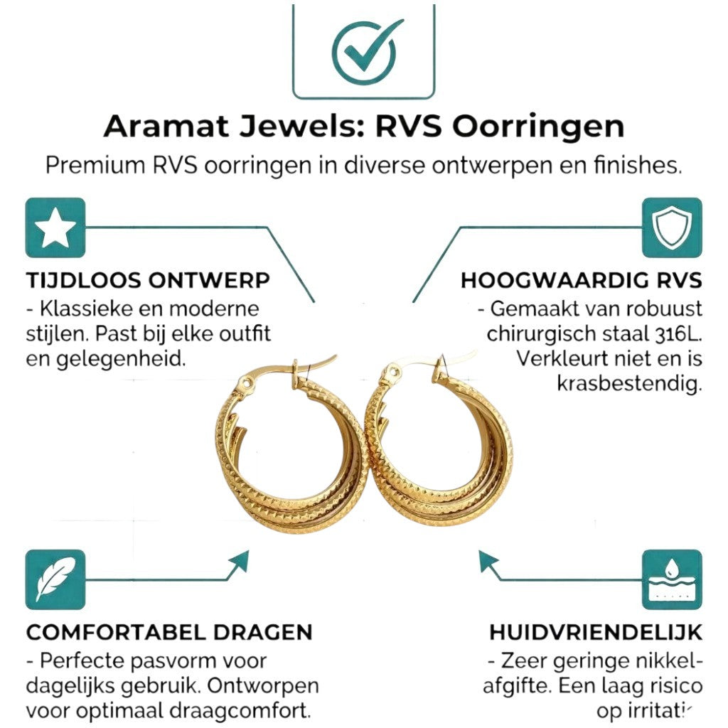 Aramat Jewels gold triple hoop earrings with a textured stripe pattern, 20mm diameter, made of stainless steel.
