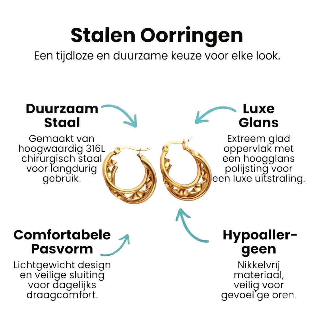 Aramat Jewels gold-tone stainless steel triple hoop earrings with twisted detail, 20x7mm.