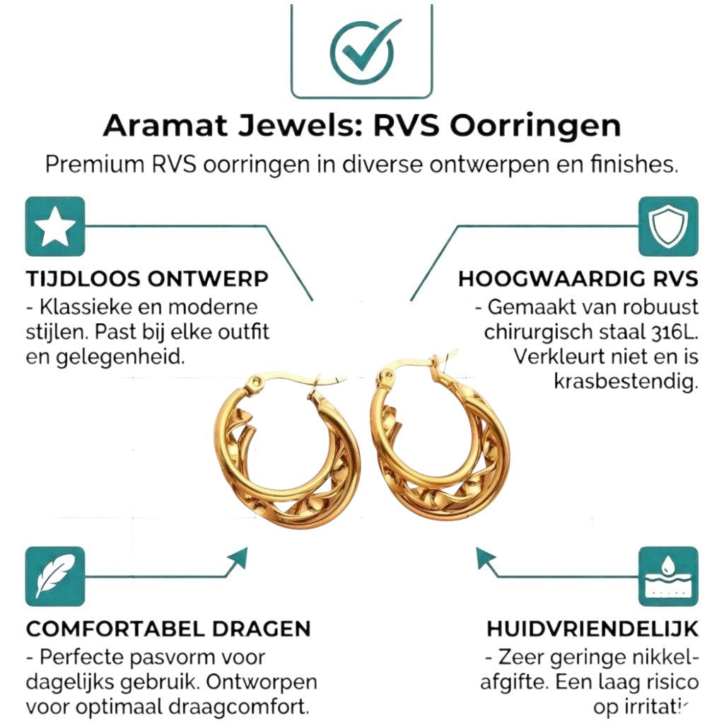 Aramat Jewels gold-tone stainless steel triple hoop earrings with a twisted design, 20x7mm.