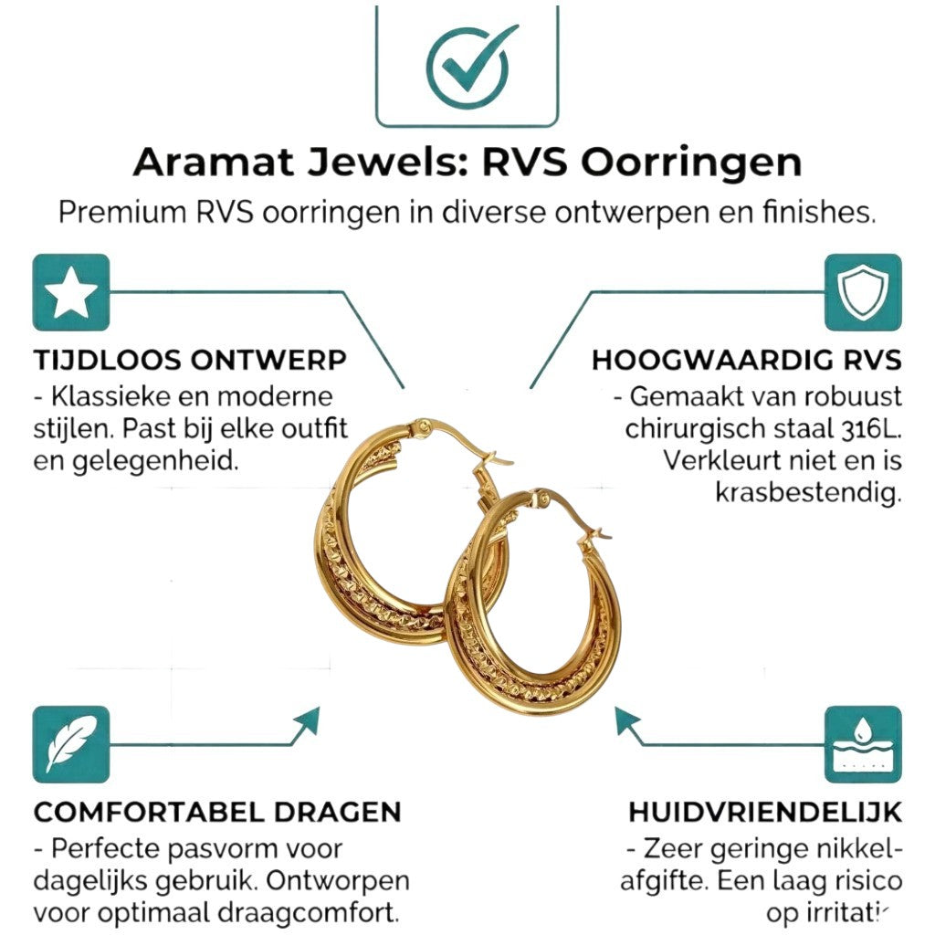 Aramat Jewels gold-tone stainless steel triple hoop earrings with a twisted design and textured detail, 25mm diameter.