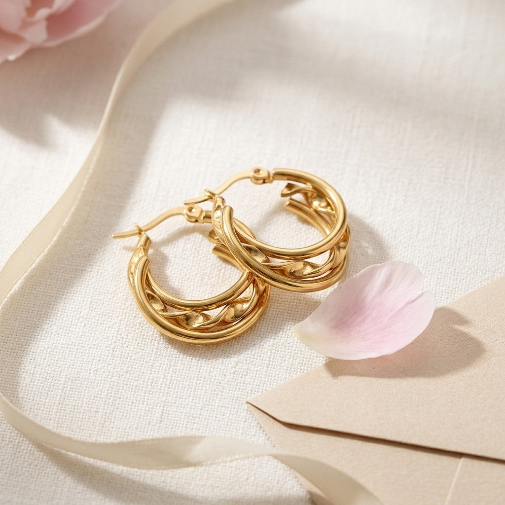 Aramat Jewels gold triple hoop earrings with twisted detail, made of stainless steel, 20x7mm.