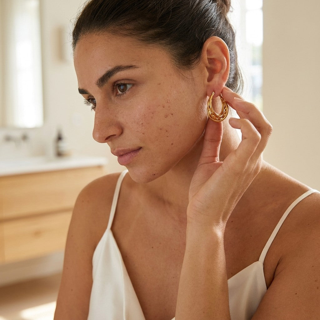 Aramat Jewels gold-coloured stainless steel 3-in-1 hoop earrings with twist detail, 20mm diameter.