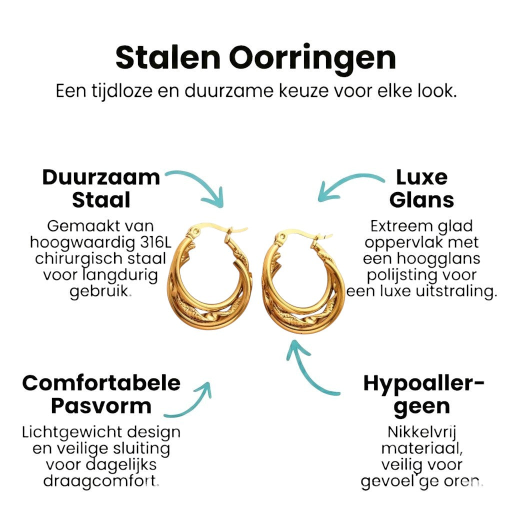 Aramat Jewels gold-tone stainless steel 3-in-1 hoop earrings with twist detail, 20mm diameter.