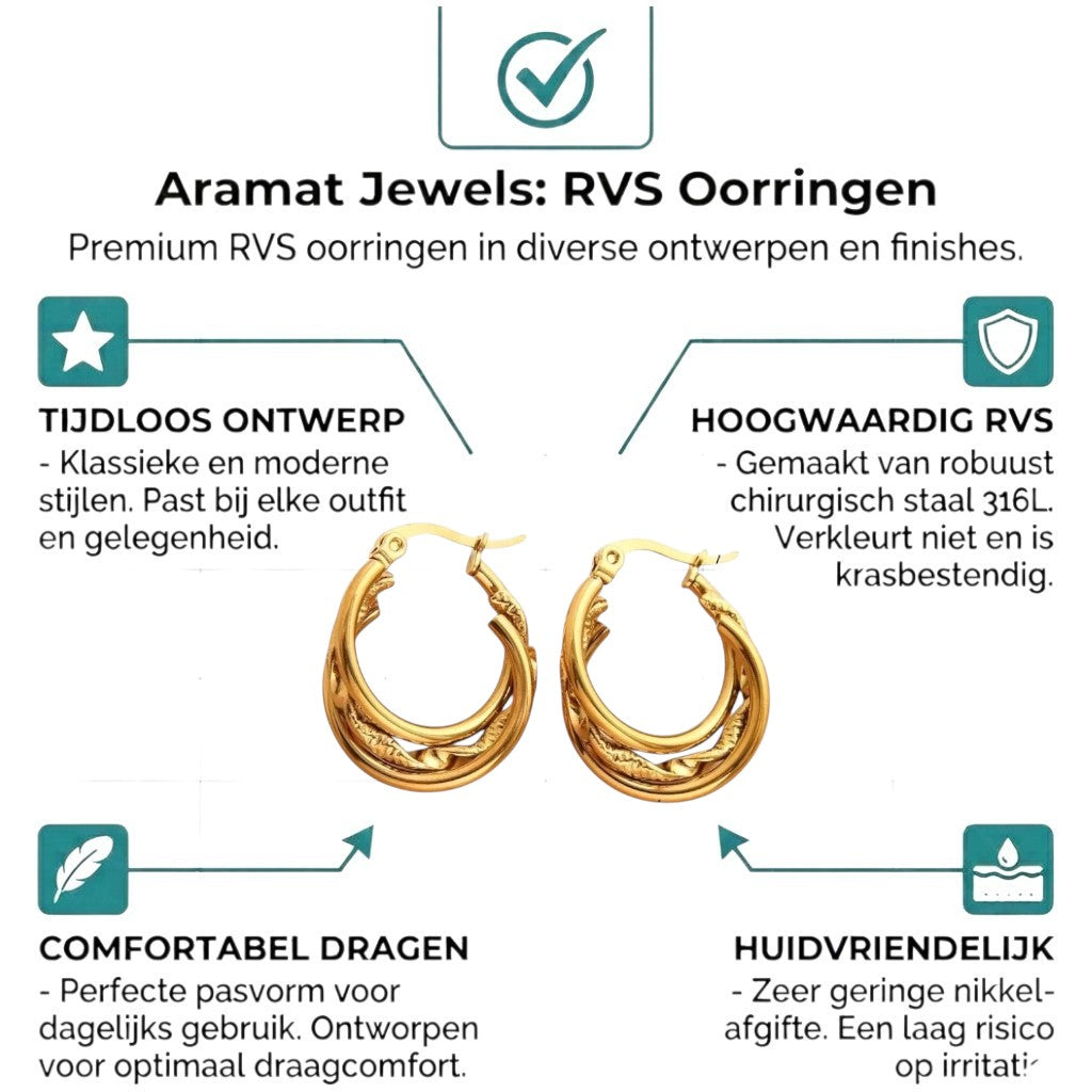 Aramat Jewels gold-tone stainless steel 3-in-1 hoop earrings with a twist design, 20mm diameter.