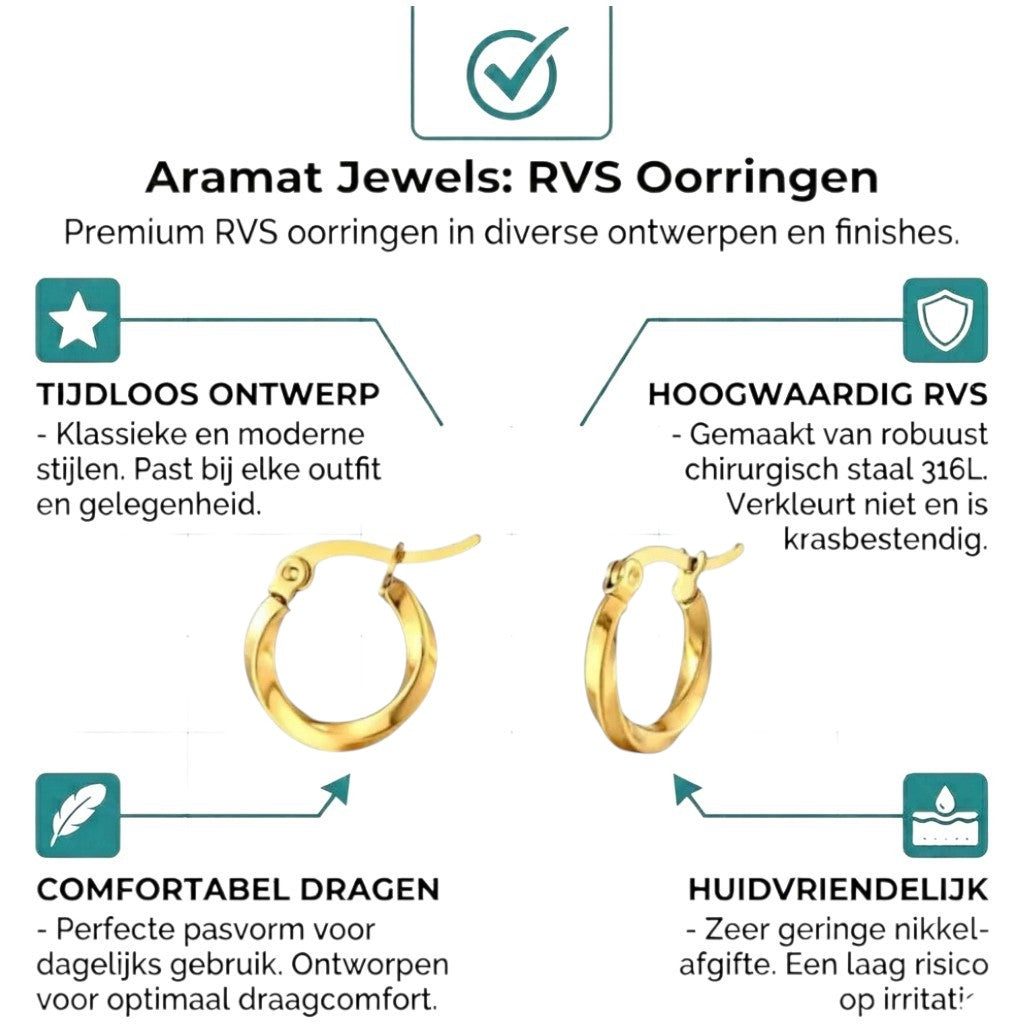 Aramat Jewels gold-tone stainless steel twisted hoop earrings, 10mm diameter, with hinge closure.