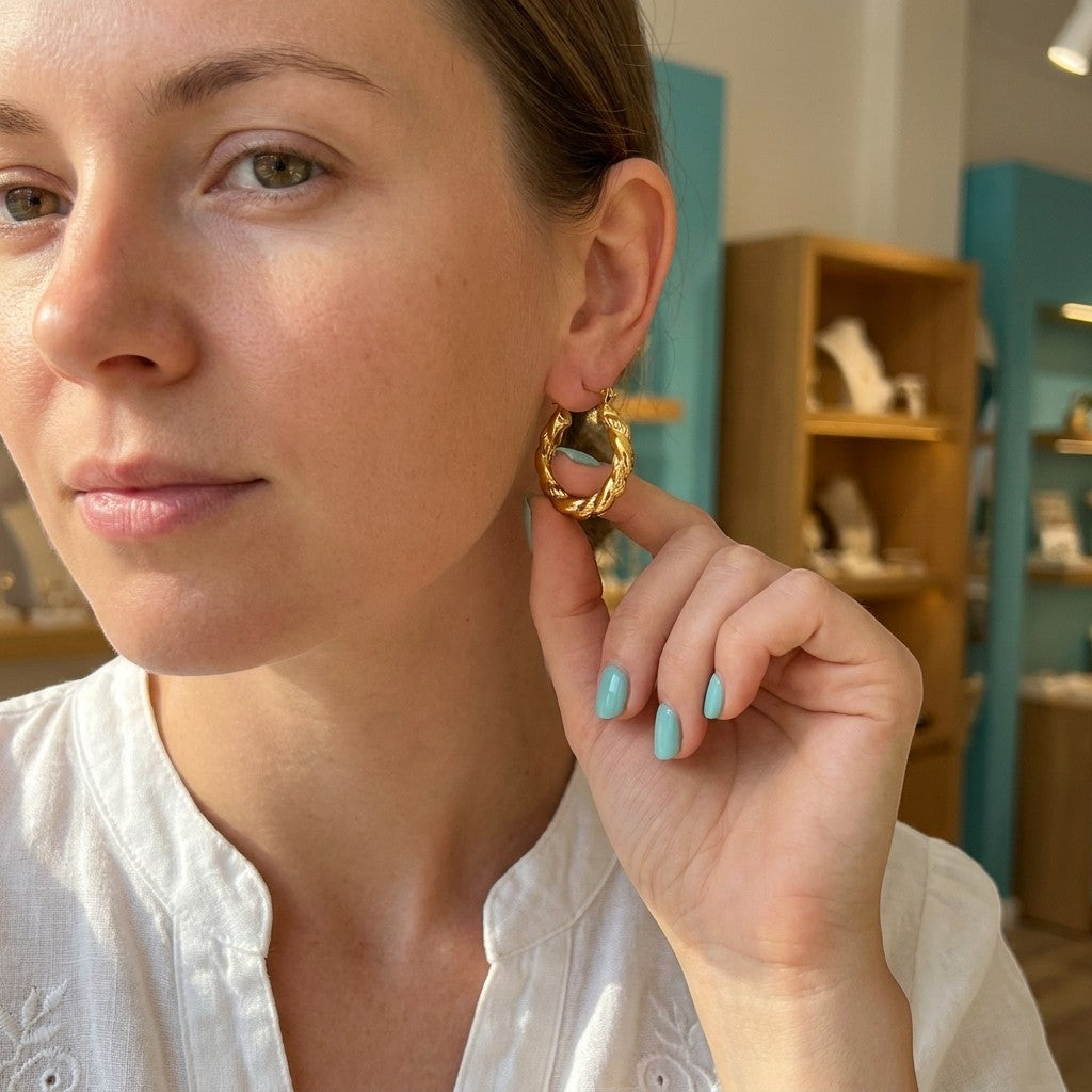Aramat Jewels gold-coloured twisted stainless steel hoop earrings, 22mm diameter, with a unique design featuring one smooth and one ribbed surface.