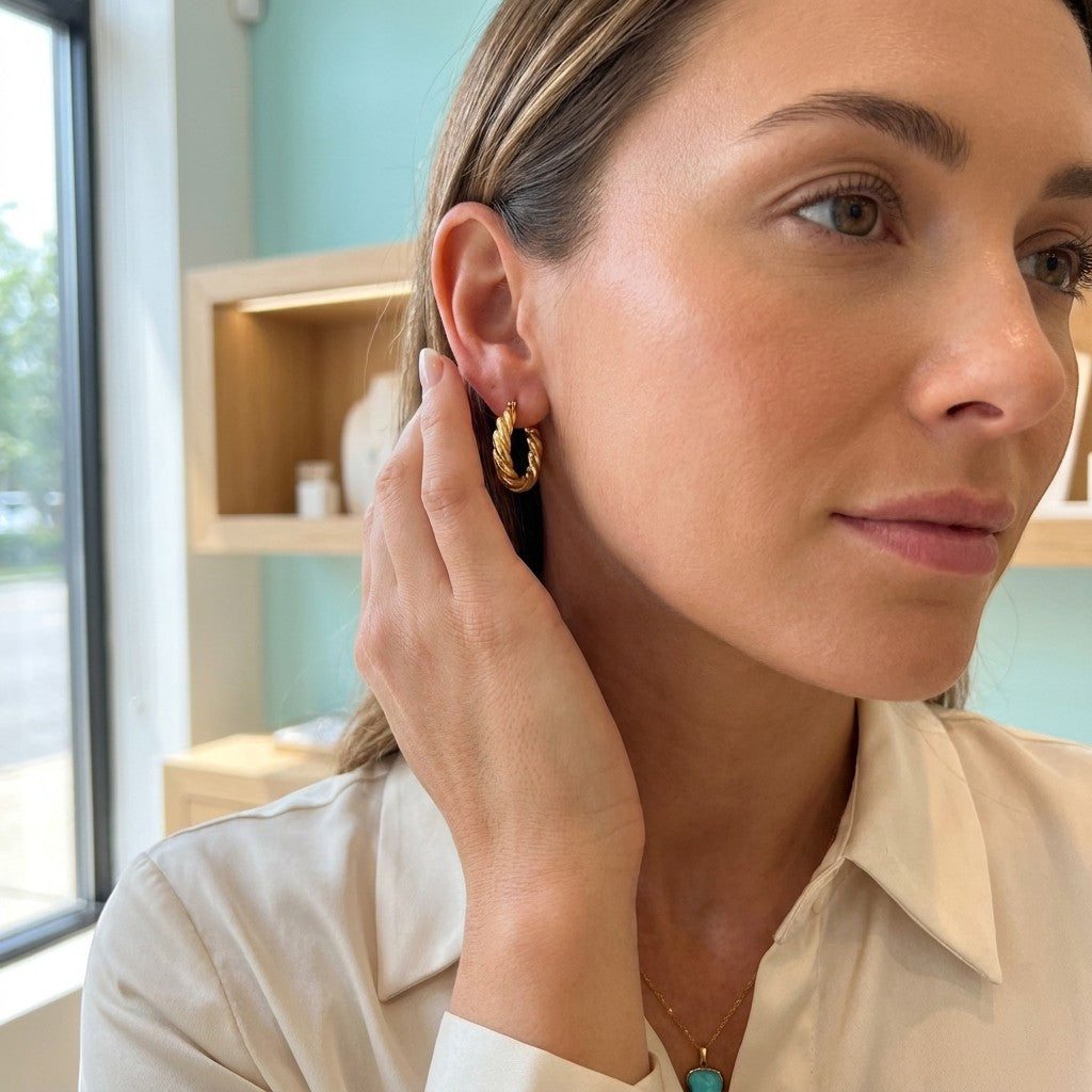 Aramat Jewels gold-tone stainless steel twisted hoop earrings, 23mm diameter, with a diagonal stripe pattern. Model touches her ear.