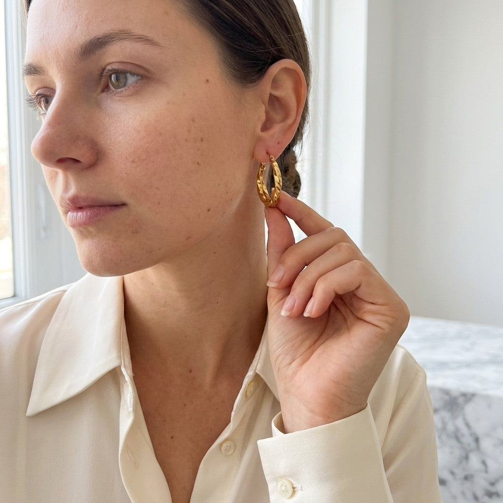 Aramat Jewels gold-tone twisted triple hoop earrings, 25x7mm, worn by a woman in a cream blouse.