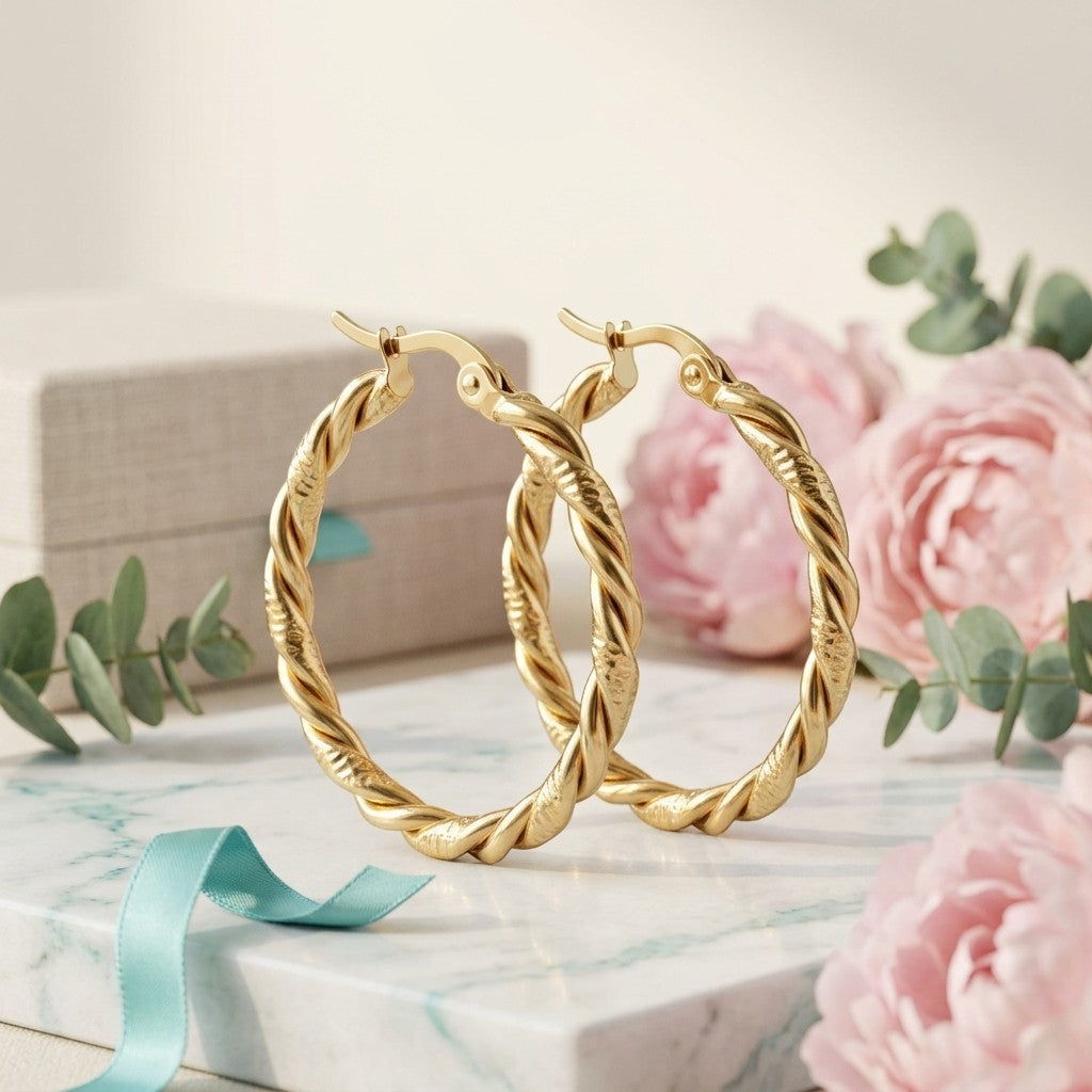 Aramat Jewels gold-colored stainless steel hoop earrings with a twisted, two-strand design, 30mm diameter.
