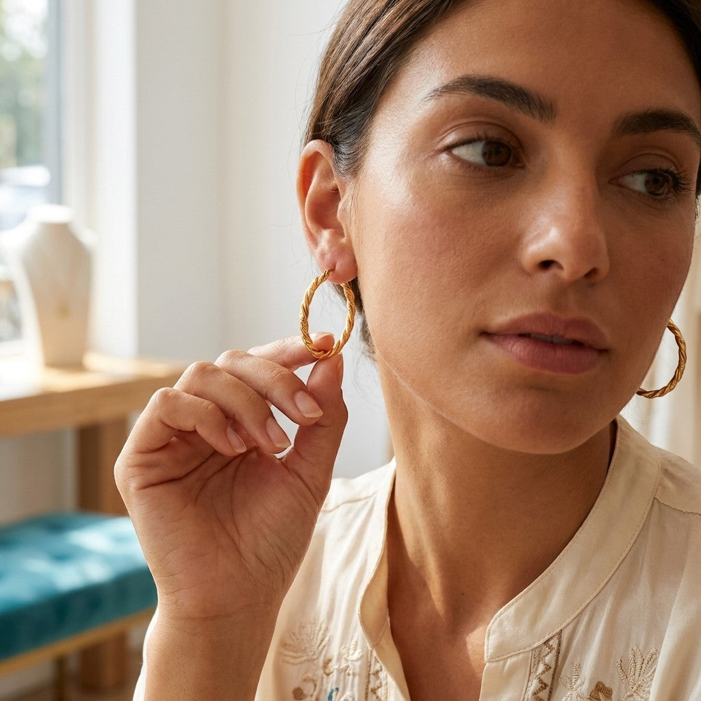 Aramat Jewels gold-colored twisted hoop earrings, 30mm diameter, made of stainless steel with a unique two-thread design.