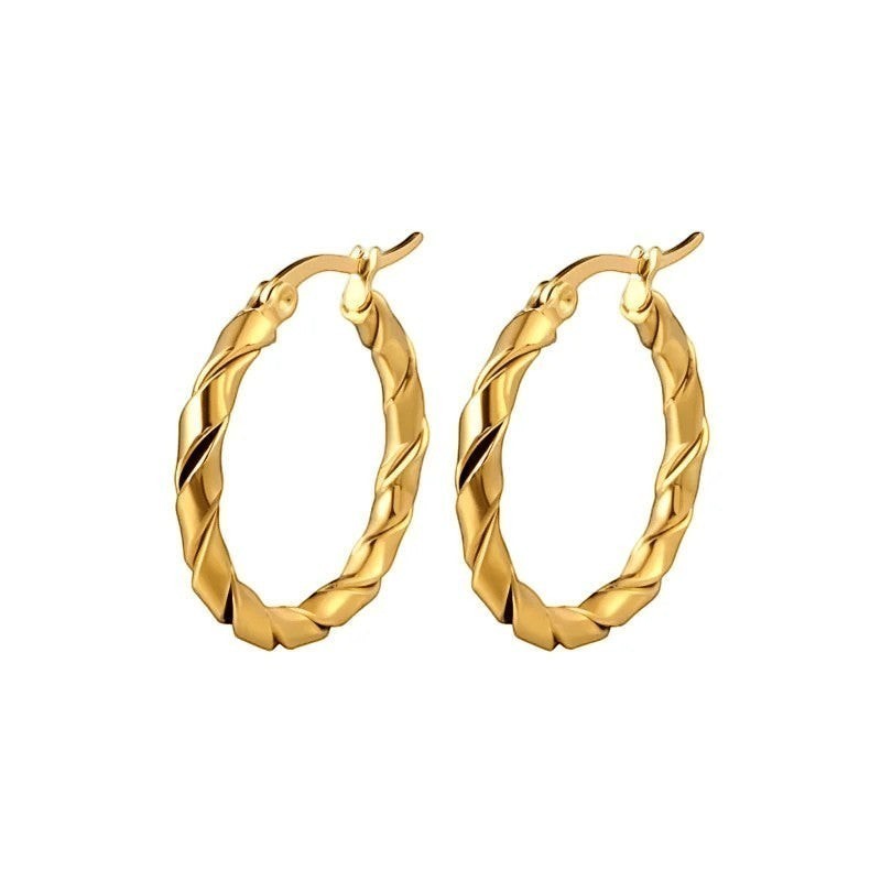Aramat Jewels gold-tone stainless steel twisted hoop earrings, 45mm. Modern, trendy, and versatile for women.