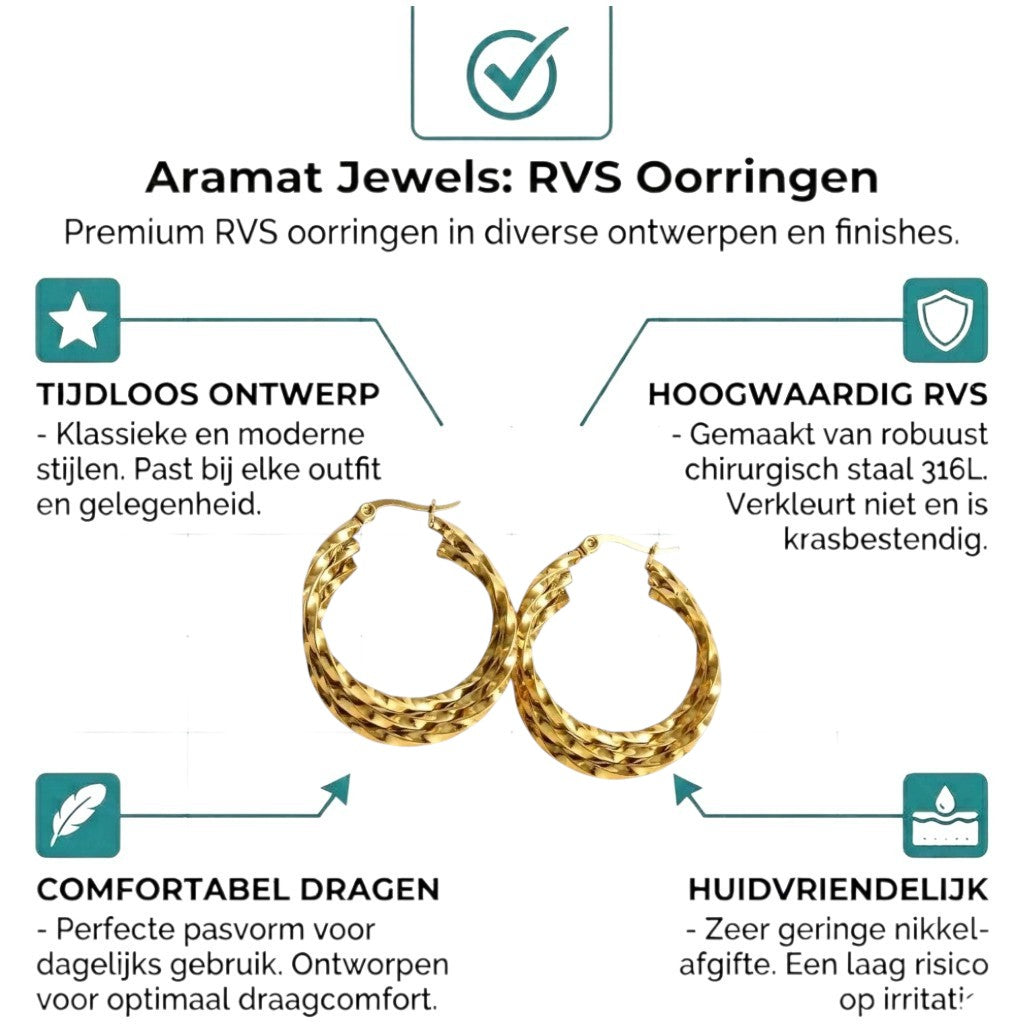Aramat Jewels gold-tone stainless steel triple twisted hoop earrings, 25mm or 30mm diameter, with a secure hinge closure.