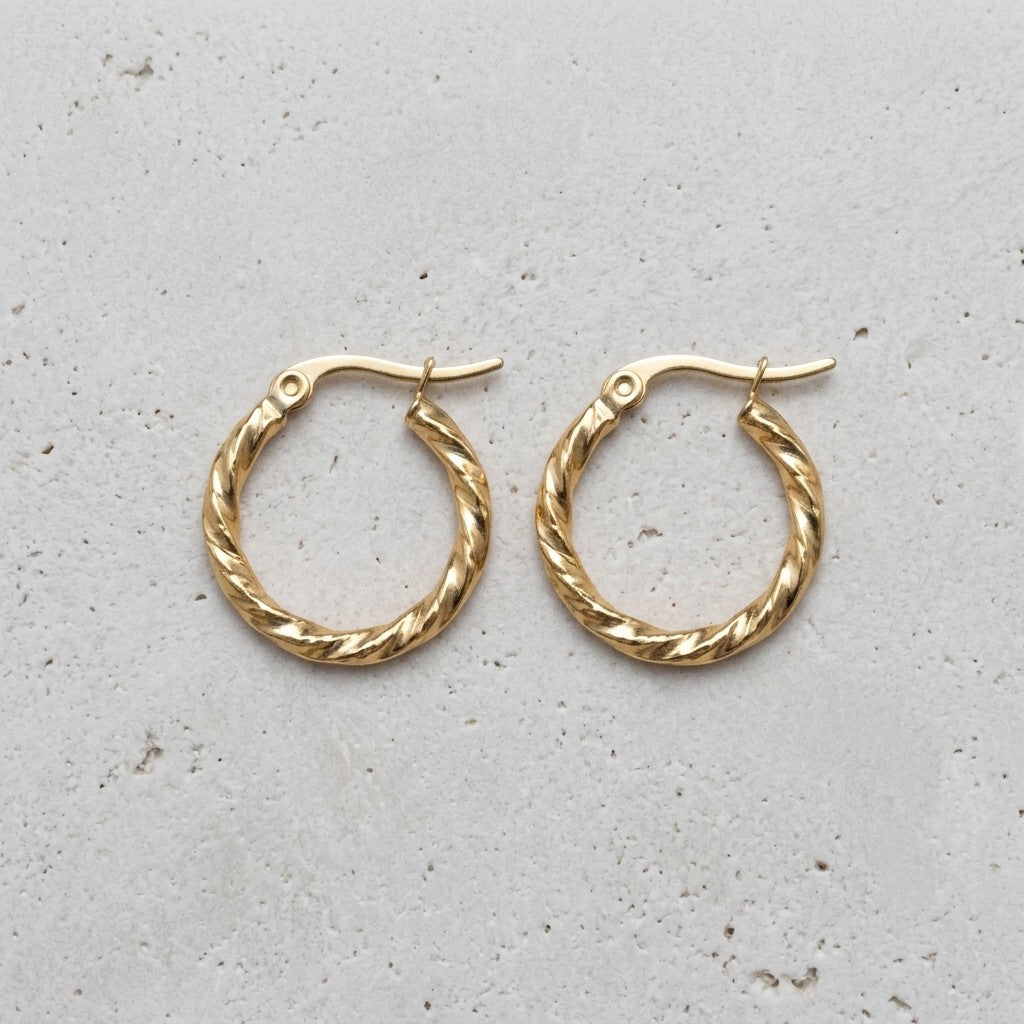 Aramat Jewels gold-tone stainless steel twisted hoop earrings, 20mm diameter, with a secure hinge clasp.