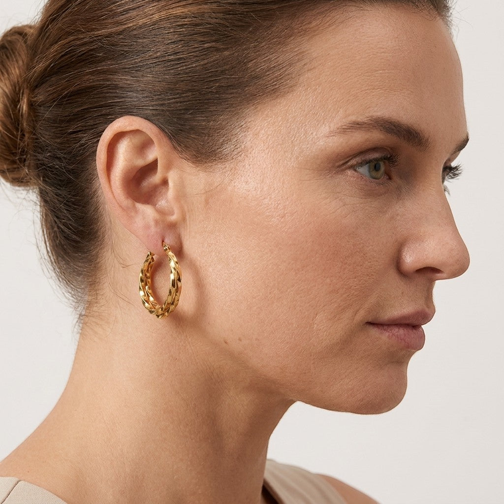 Aramat Jewels gold-tone twisted triple hoop earrings, 25x7mm, with a comfortable hinge closure.