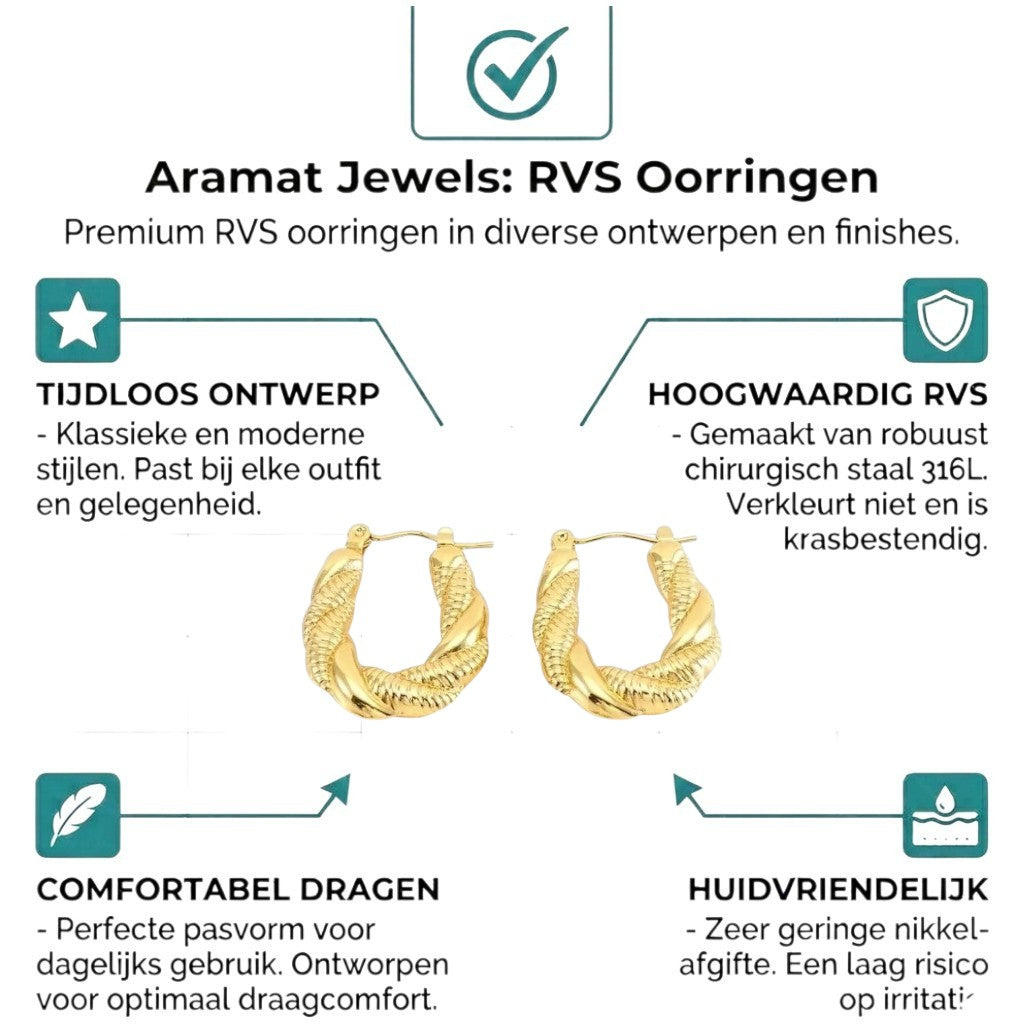 Aramat Jewels gold-tone twisted rectangular hoop earrings, 26x20mm, made of stainless steel.