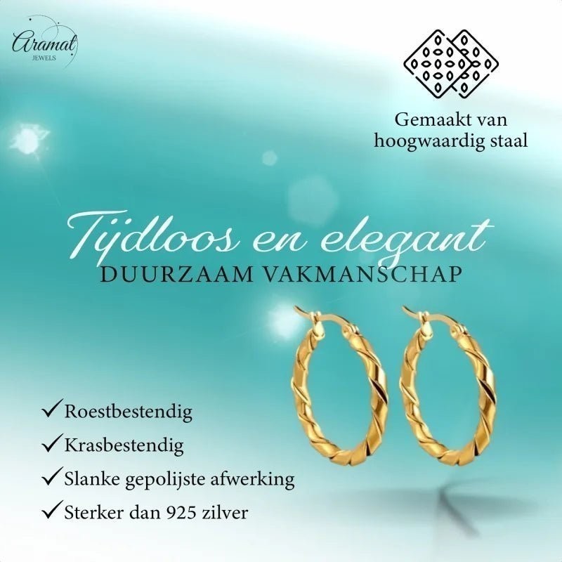 Aramat Jewels gold-tone stainless steel twisted hoop earrings, 25mm or 45mm, timeless and elegant design.