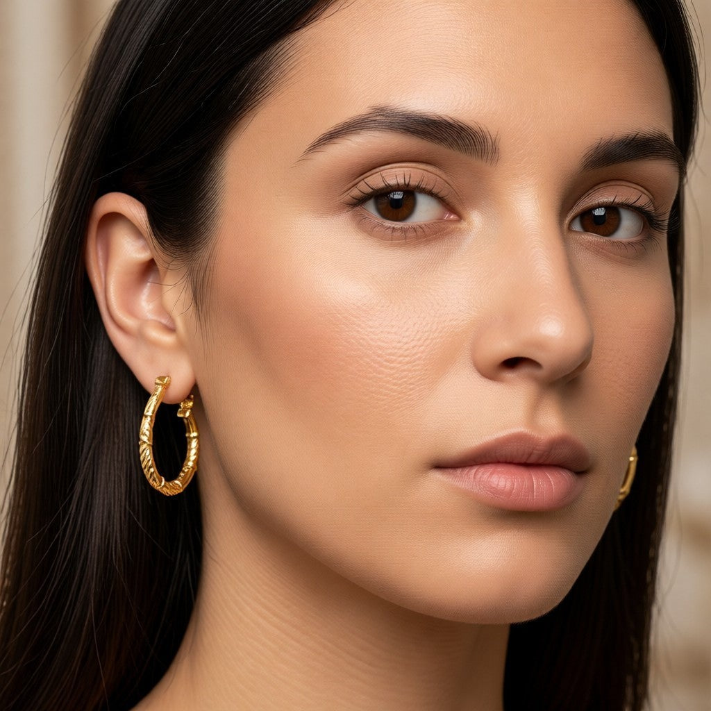 Aramat Jewels gold-colored stainless steel hoop earrings with a twisted pattern, 22mm diameter, worn by a model.