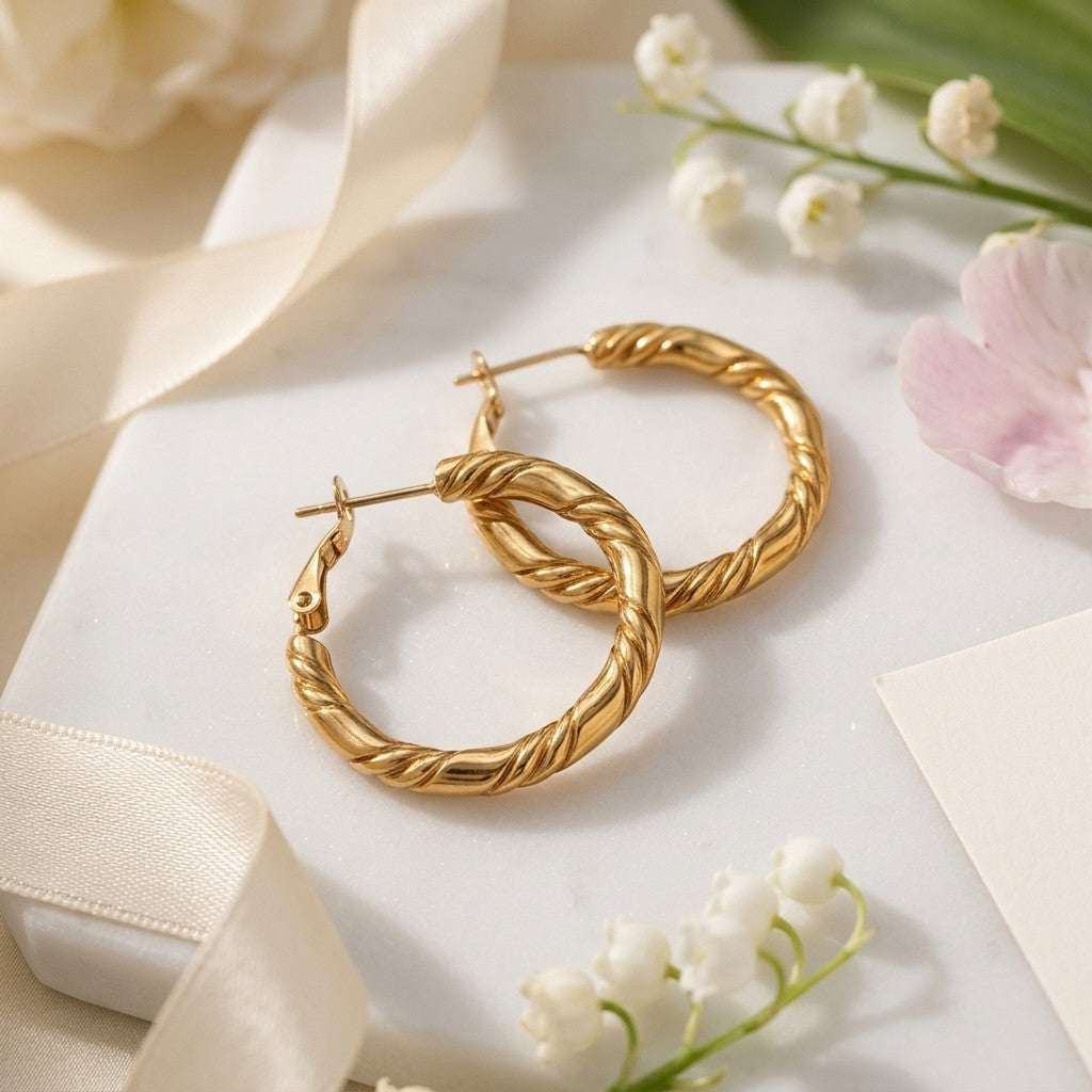 Aramat Jewels gold-tone stainless steel hoop earrings with a twisted rope design, 25x3.5mm, on a white marble surface with ribbons and flowers.