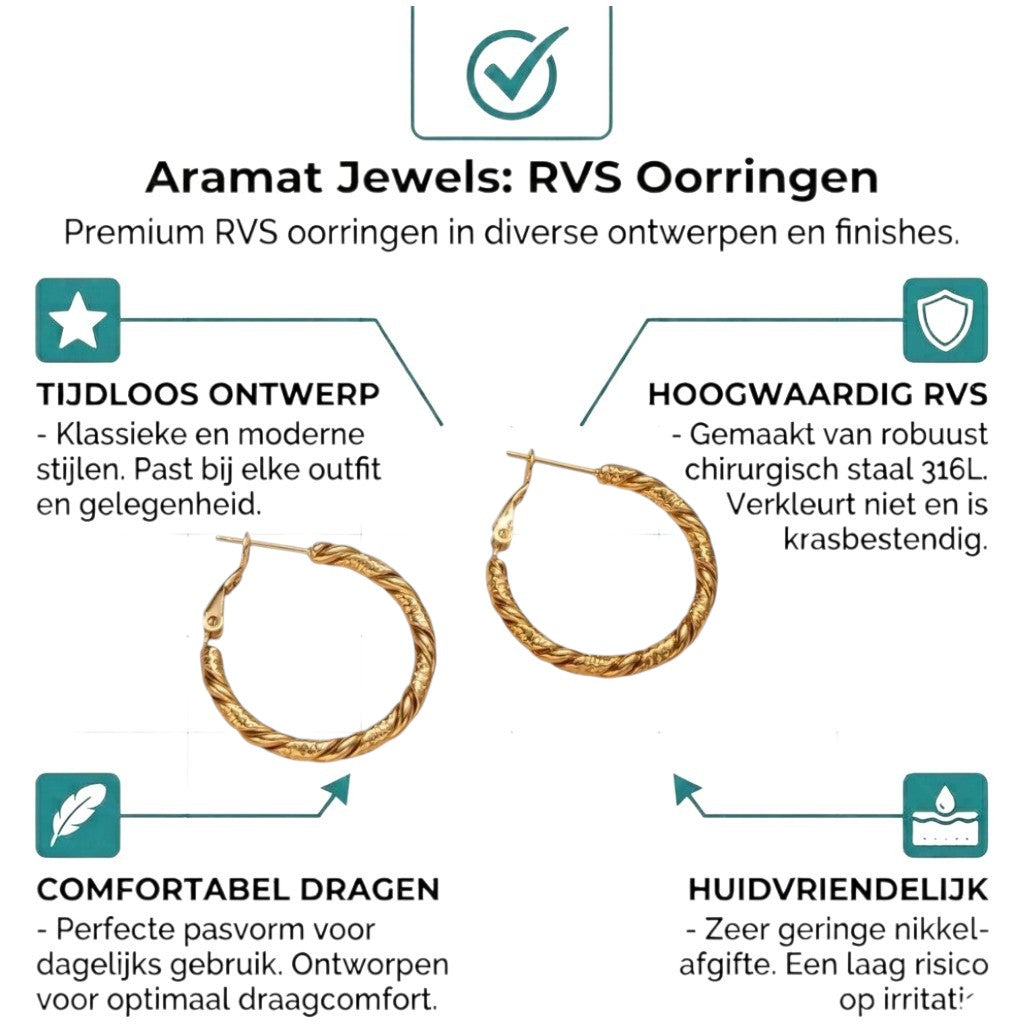 Aramat Jewels gold-colored stainless steel hoop earrings with a twisted rope motif, 25mm diameter.