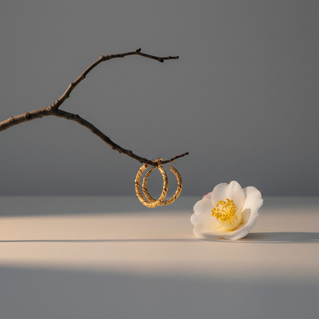 Aramat Jewels gold-colored stainless steel hoop earrings with a twisted rope motif, 25mm diameter.
