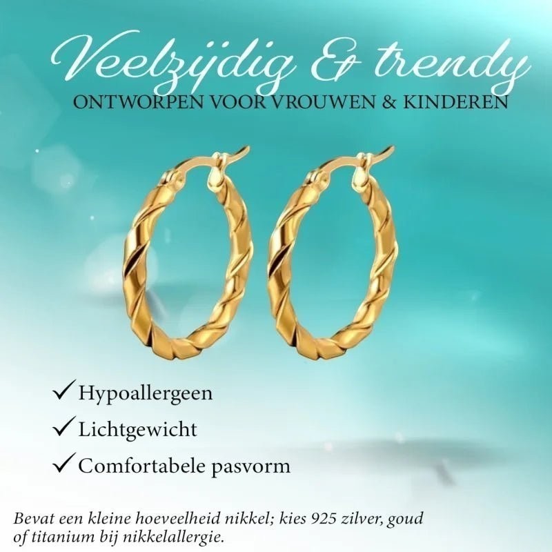 Aramat Jewels gold-tone stainless steel twisted hoop earrings, 25mm or 45mm, hypoallergenic and lightweight.