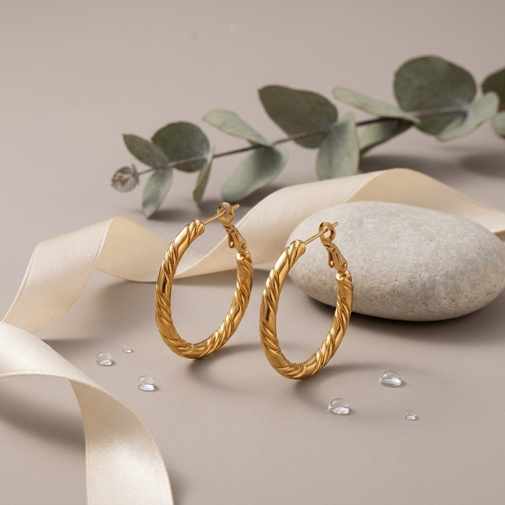 Aramat Jewels gold-tone stainless steel hoop earrings with a twisted rope design, 25x3.5mm, featuring a secure clasp.