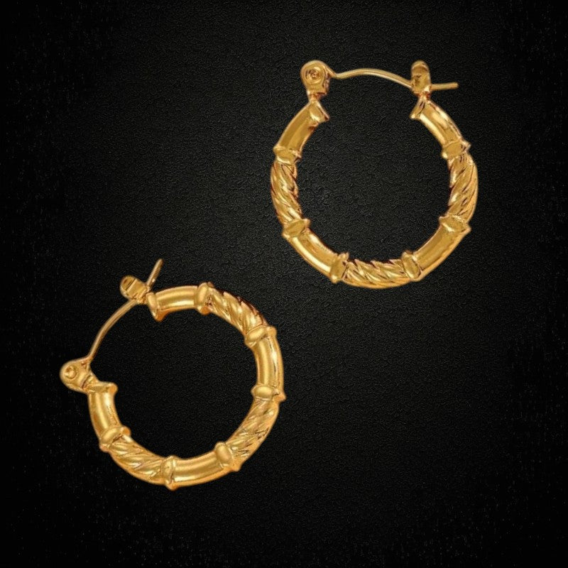 Aramat Jewels gold-colored stainless steel hoop earrings with a twisted and smooth pattern, 22mm.