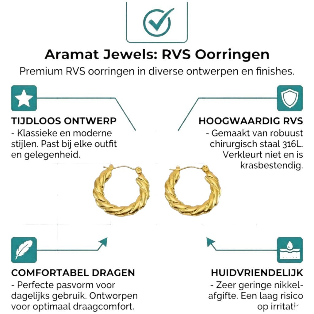 Aramat Jewels gold-colored stainless steel hoop earrings with a twisted rope design, 23mm diameter.