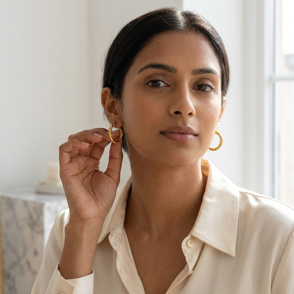 Aramat Jewels gold-tone stainless steel hoop earrings with a twisted rope design, 25x3.5mm, worn by a woman.