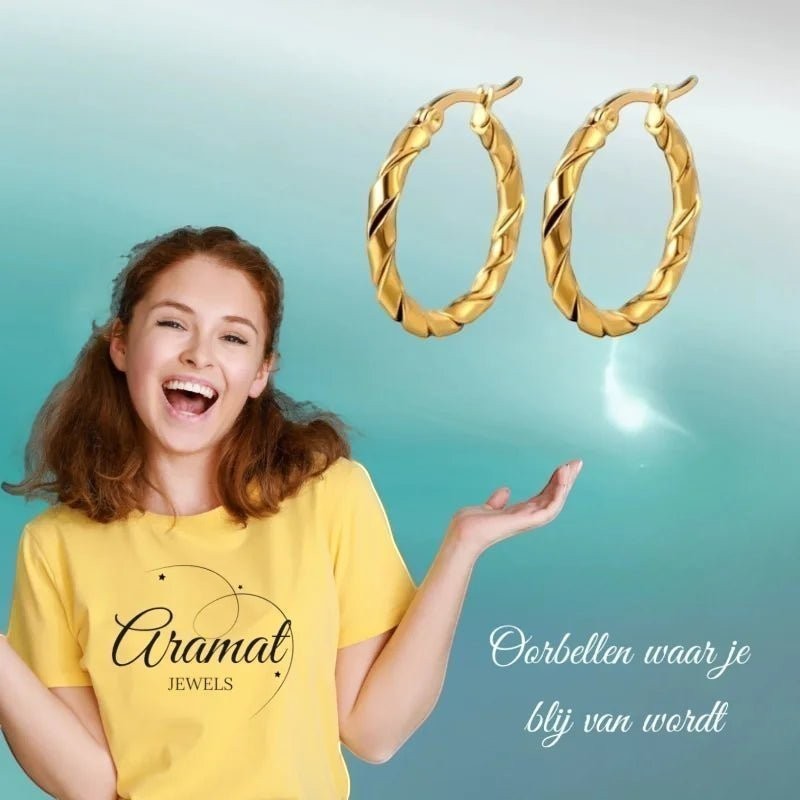 Aramat Jewels gold twisted hoop earrings, 25mm or 45mm, stainless steel, for women and teens.