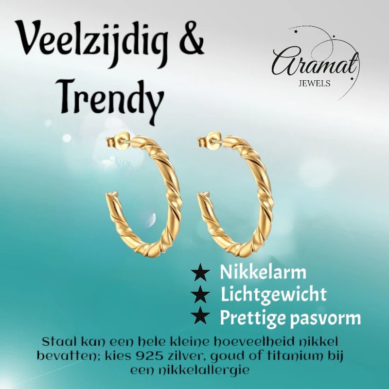Aramat Jewels gold-colored stainless steel hoop earrings with a twisted rope pattern, 30mm diameter.