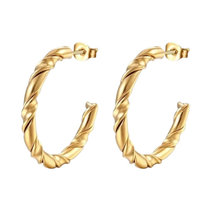 Aramat Jewels gold-colored stainless steel hoop earrings with a twisted rope pattern, 30mm diameter.