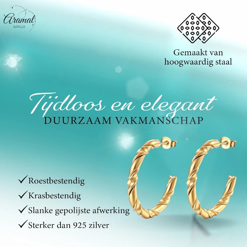 Aramat Jewels gold-colored stainless steel hoop earrings with a twisted rope pattern, 30mm diameter.