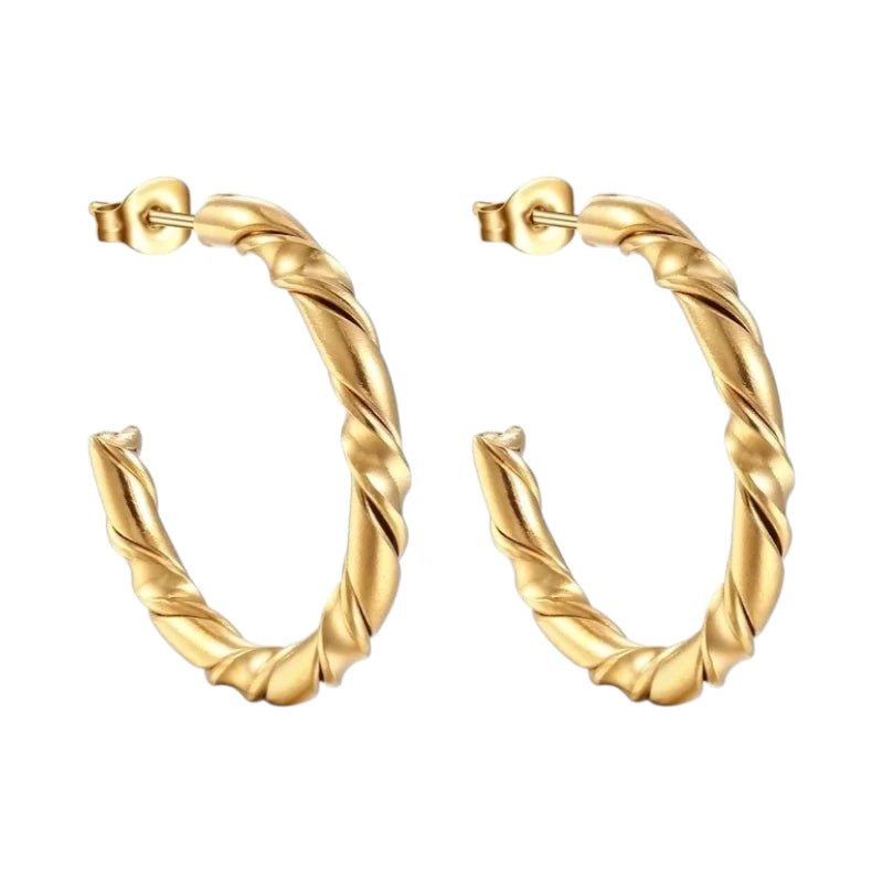 Aramat Jewels gold-colored stainless steel hoop earrings with a twisted rope pattern, 30mm diameter.