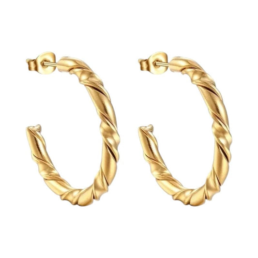 Aramat Jewels gold-colored stainless steel hoop earrings with a twisted rope pattern, 30mm diameter.
