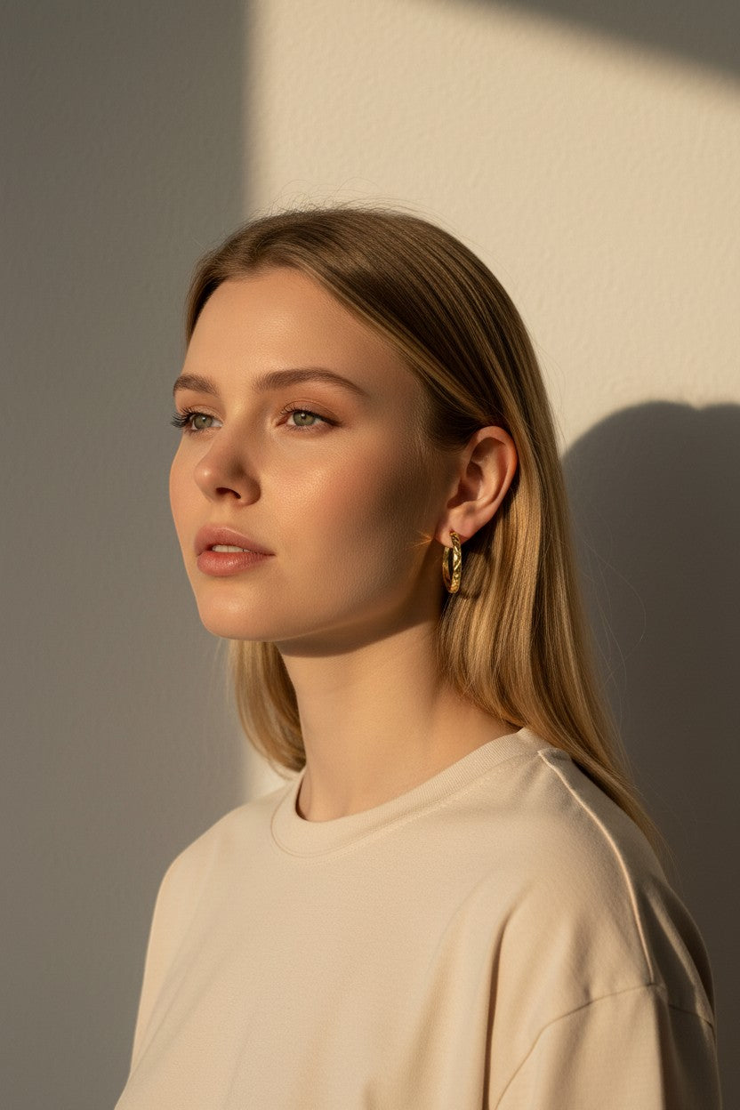Aramat Jewels gold-tone stainless steel hoop earrings with a diamond pattern, 35mm diameter, worn by a model.