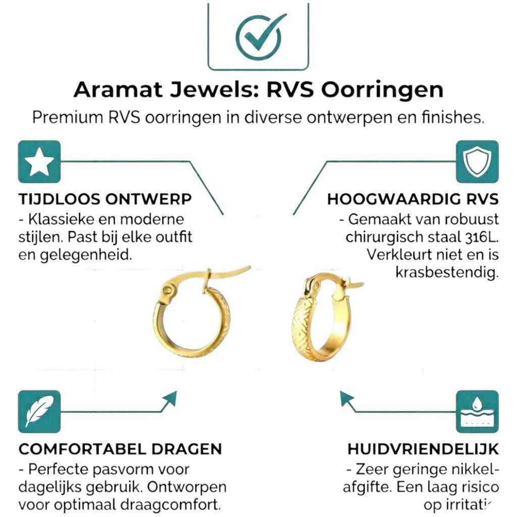 Aramat Jewels small gold-colored stainless steel hoop earrings with a zigzag pattern, 10mm diameter.
