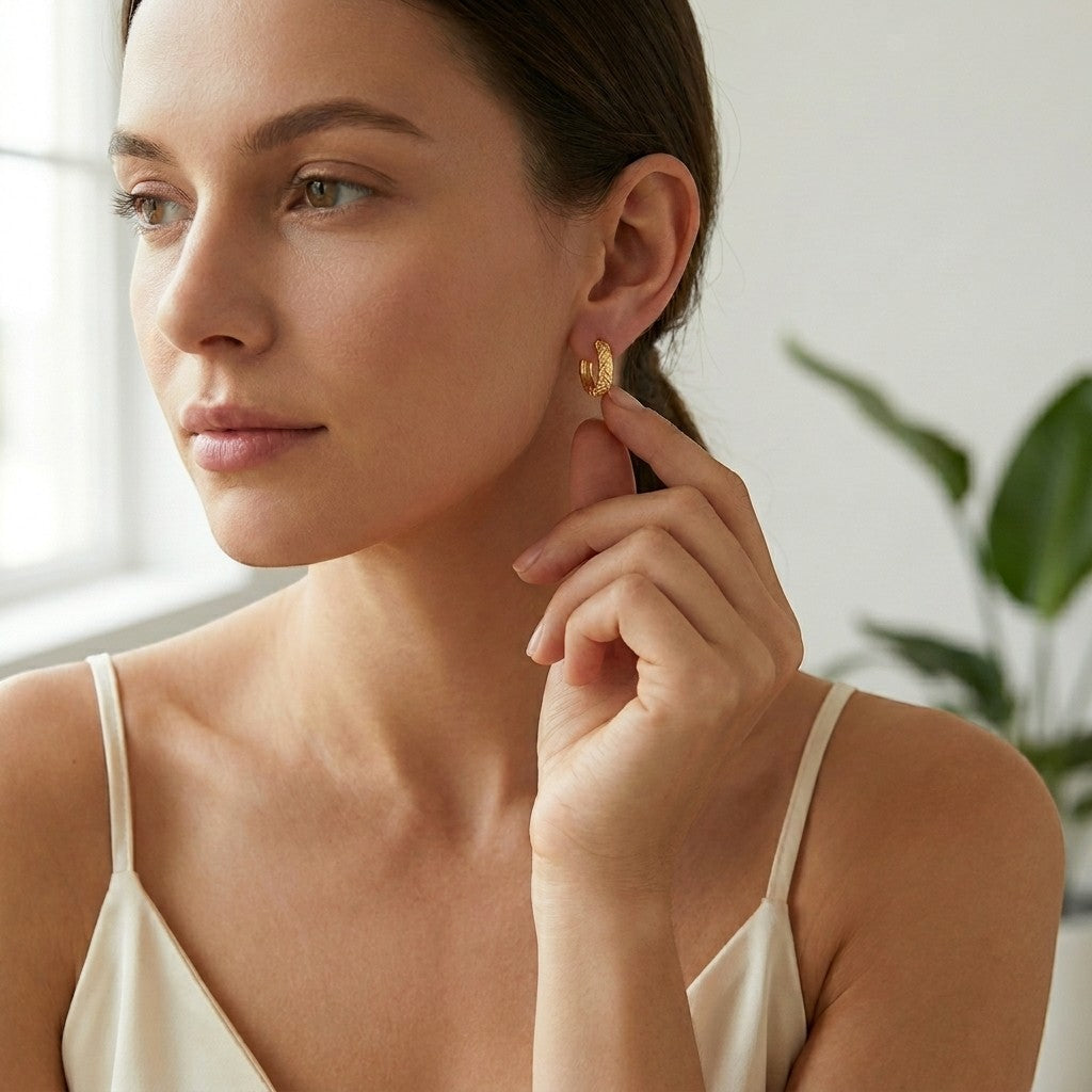 Aramat Jewels gold-colored stainless steel hoop earrings with a zigzag pattern, 10mm diameter.