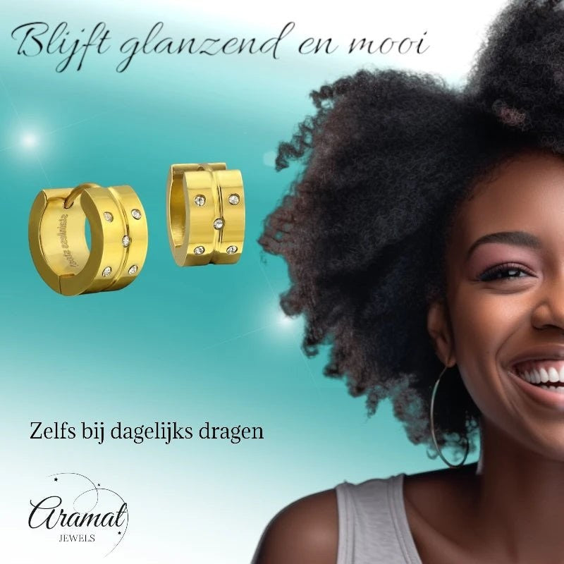 Aramat Jewels gold-colored stainless steel hoop earrings with 5 small zirconia stones, 13x7mm, click closure.