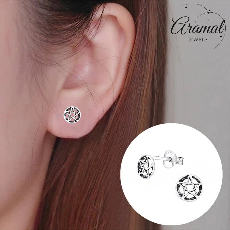 Aramat Jewels sterling silver gothic star stud earrings, antique look, 6mm round, detailed relief, hypoallergenic