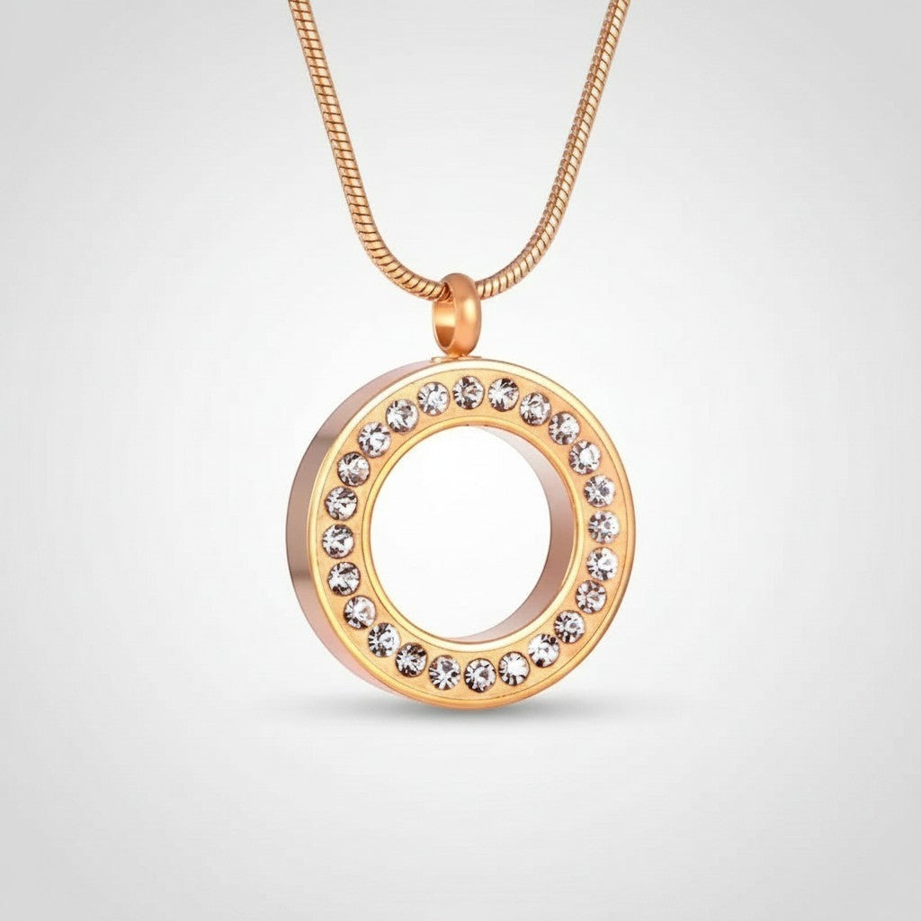 Aramat Jewels® gouden cirkel ashanger met kristallen, gemaakt van roestvrij staal. Gedenksieraad zonder ketting.