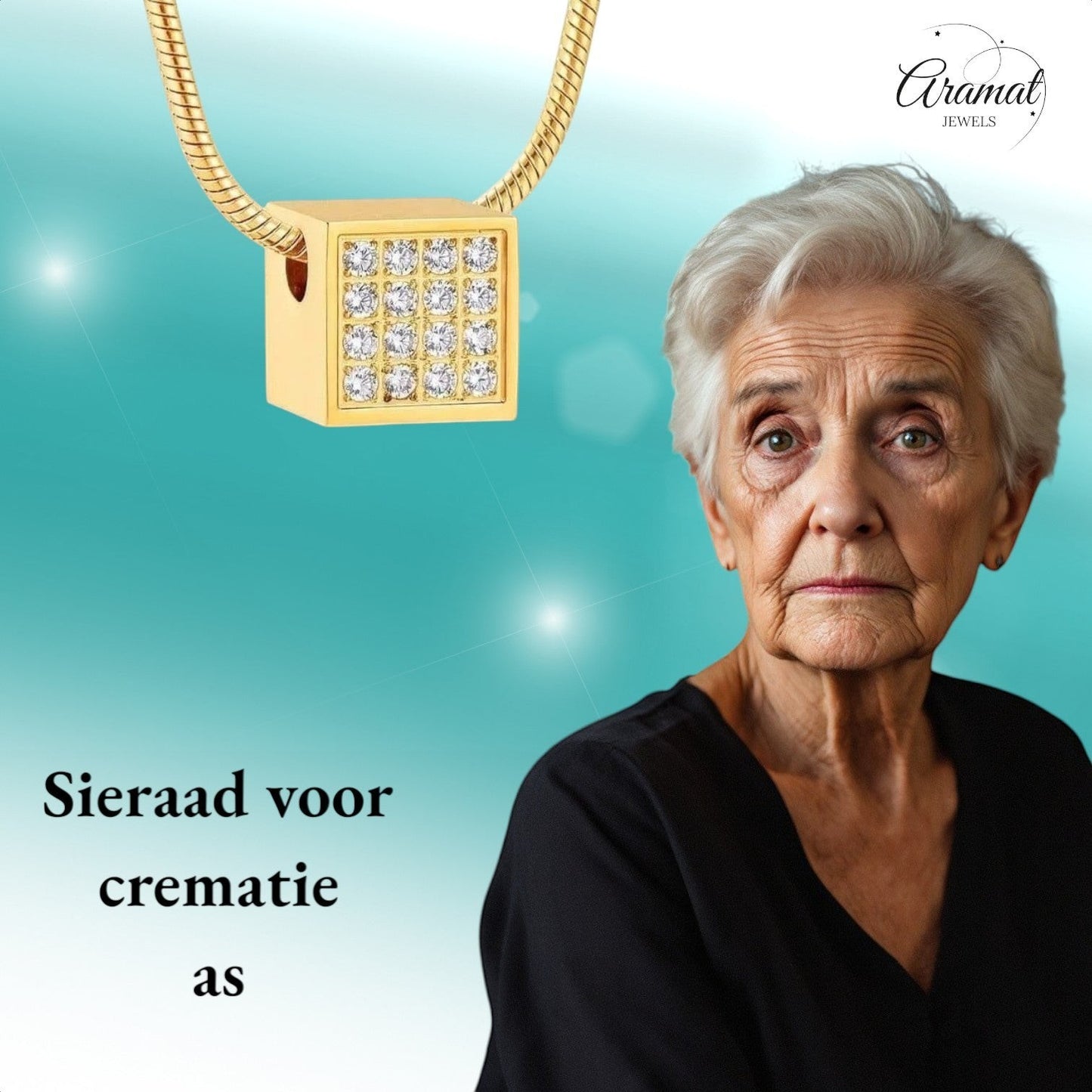 Aramat Jewels gouden kubus ashanger met zirkonia steentjes, 12mm, roestvrij staal, waterbestendig