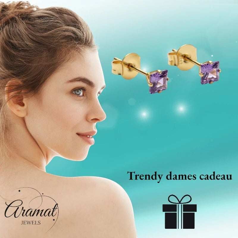 Aramat Jewels gouden oorbellen met vierkante paarse zirkonia steentjes van 4mm.