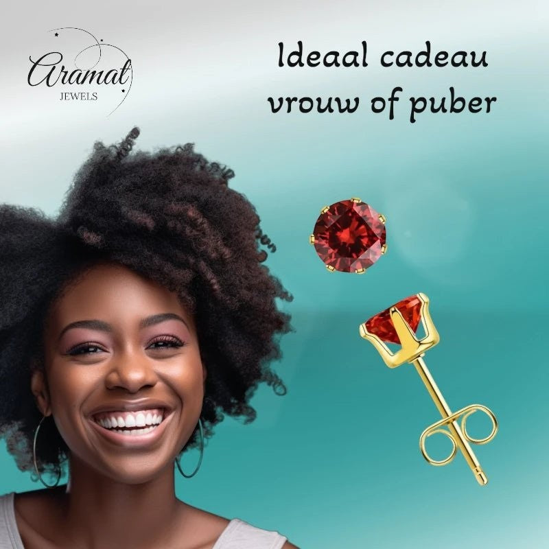 Aramat Jewels goudkleurige RVS oorstekers met rode zirkonia, 3 mm. Ideaal cadeau voor dames en tieners.
