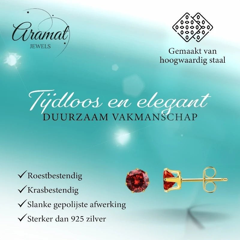 Aramat Jewels goudkleurige RVS oorstekers met rode zirkonia, 3 mm. Tijdloos en elegant.