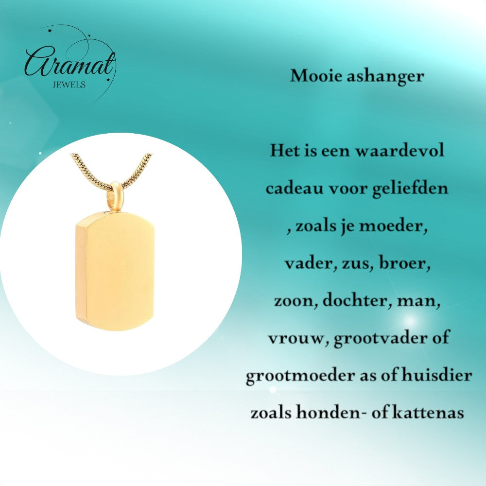 Aramat Jewels® gouden rechthoekige ashanger van staal, waterbestendig, zonder ketting.