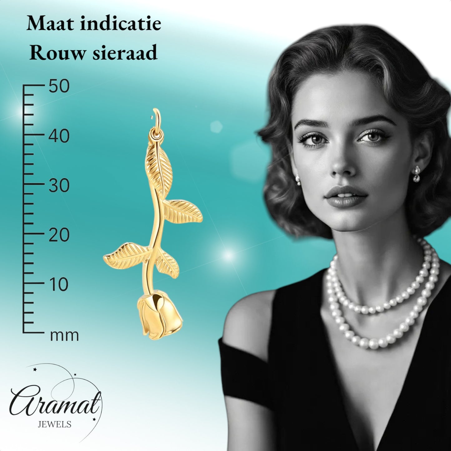 Goudkleurige ashanger in de vorm van een roos van Aramat Jewels, gemaakt van RVS, 45x23mm.